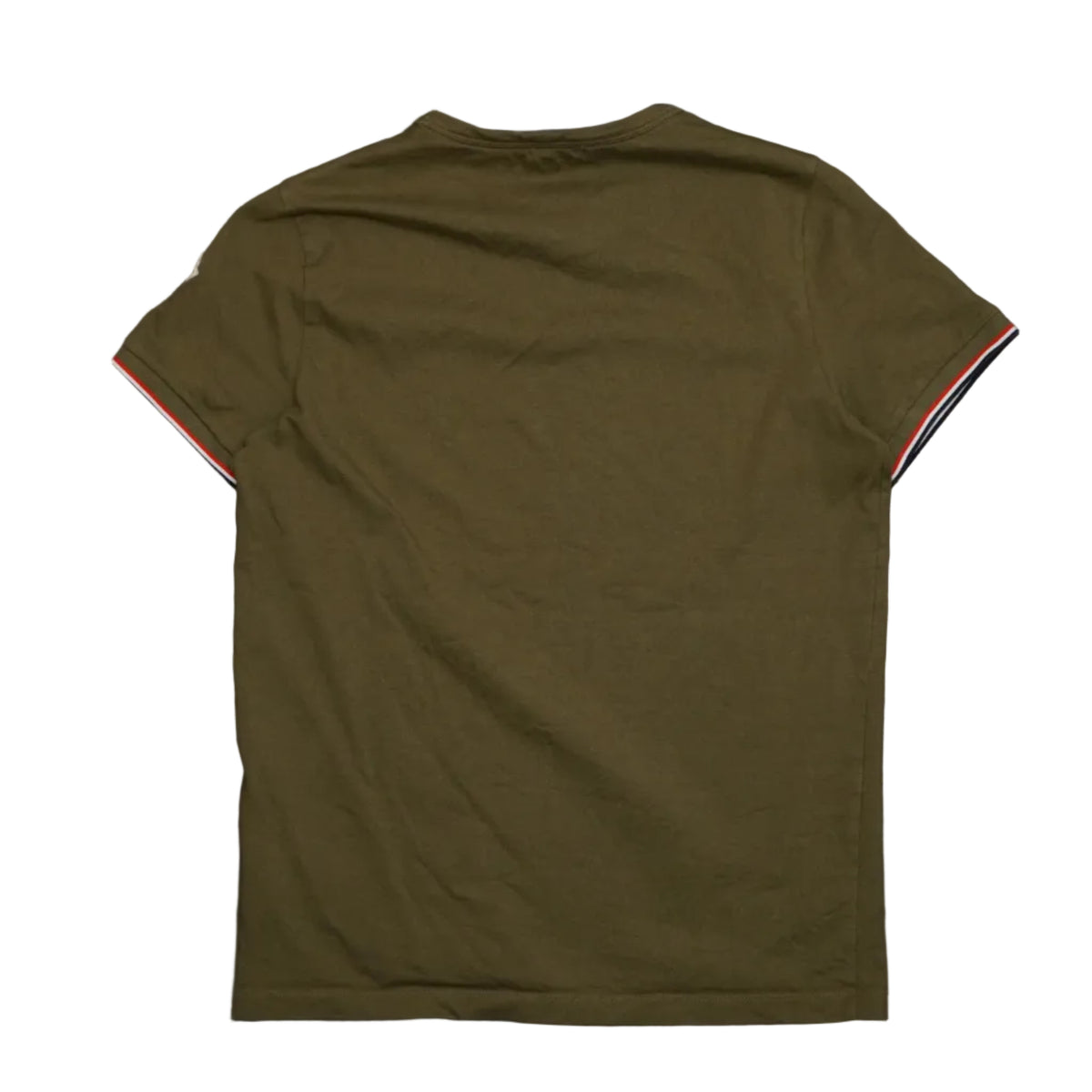 Pre-owned Moncler olive green slim fit T-shirt with tricolour sleeve trim, back view