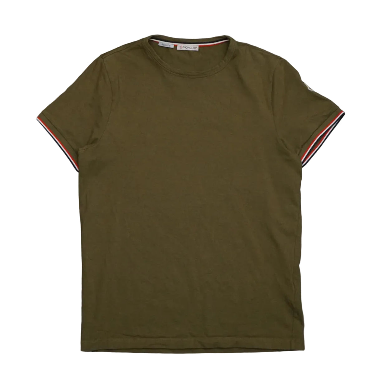 Pre-owned Moncler olive green slim fit T-shirt with tricolour trim on collar and sleeves and logo patch, front view