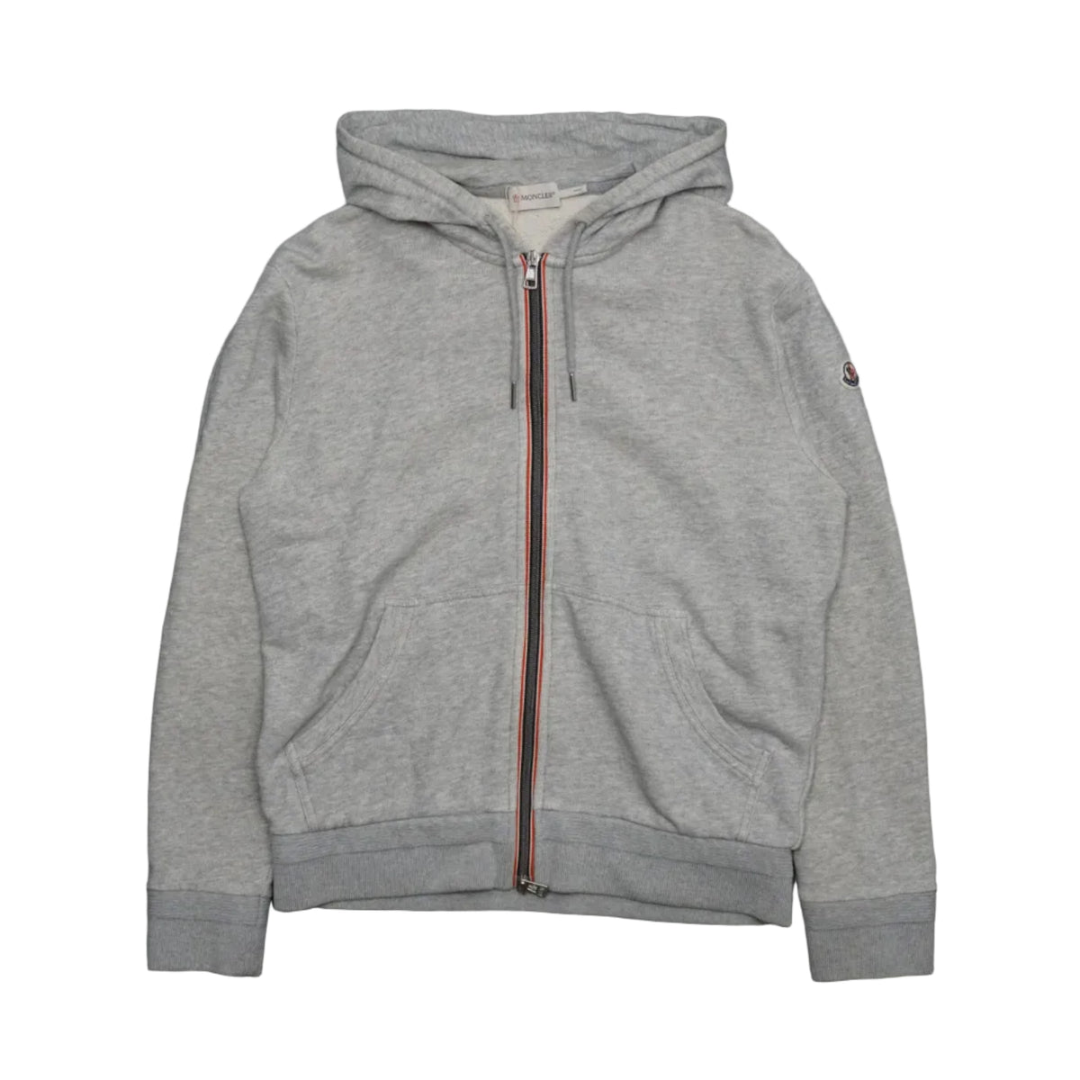 Pre-owned Moncler grey zip hoodie with tricolour zip trim, drawstring hood and sleeve logo patch, front view