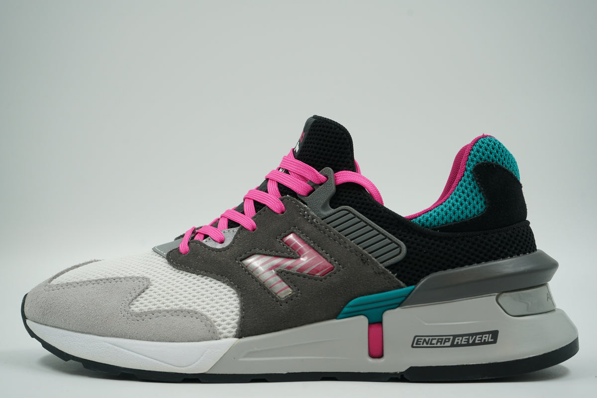 Pre-owned New Balance 997 Sport Castlerock Amazonite in grey, black, pink and teal, side view