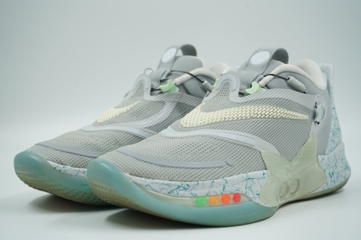 Pre-owned pair of Nike Adapt BB 2.0 Mag in grey mesh with sail Swoosh, LED lights and icy sole, front view
