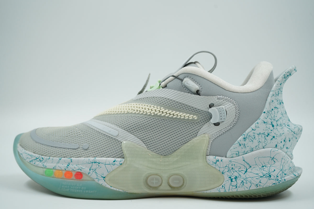 Pre-owned Nike Adapt BB 2.0 Mag in grey with teal splatter, LED lights and self-lacing buttons, side view