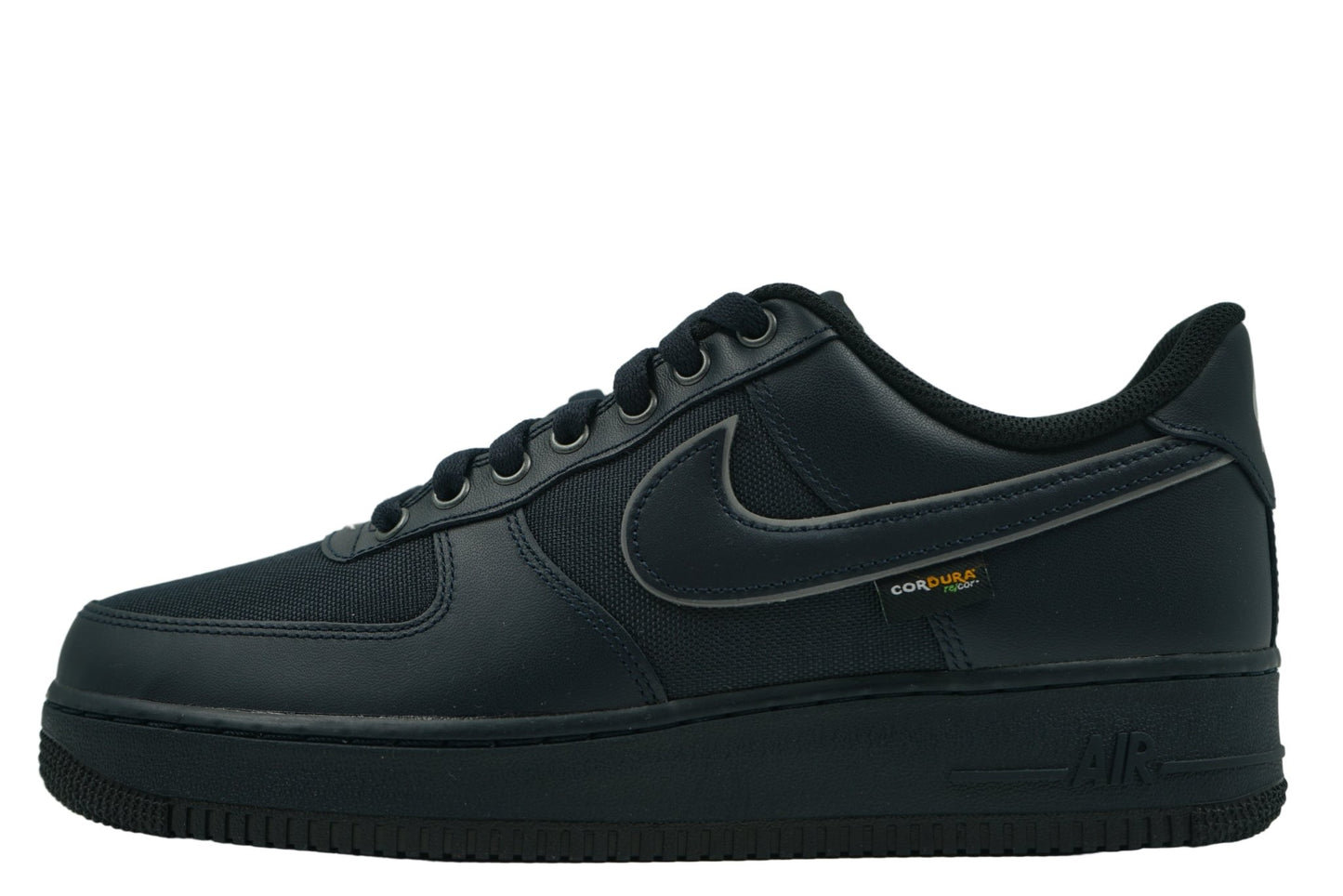 Nike Air Force 1 Low LV8 in Dark Obsidian featuring durable Cordura fabric underlays and suede overlays. Rugged lifestyle sneaker available at our Malmö store.