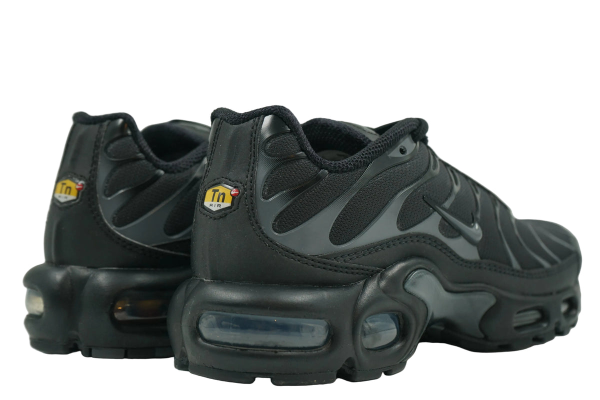 Brand new Nike Air Max Plus TN black and dark grey with TN heel logo and visible Air unit, back view