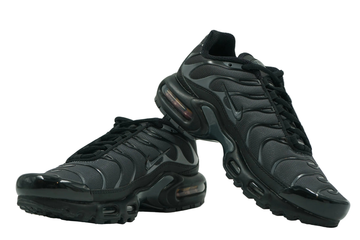 Pair of brand new Nike Air Max Plus TN in black mesh with dark grey overlays and black midsole