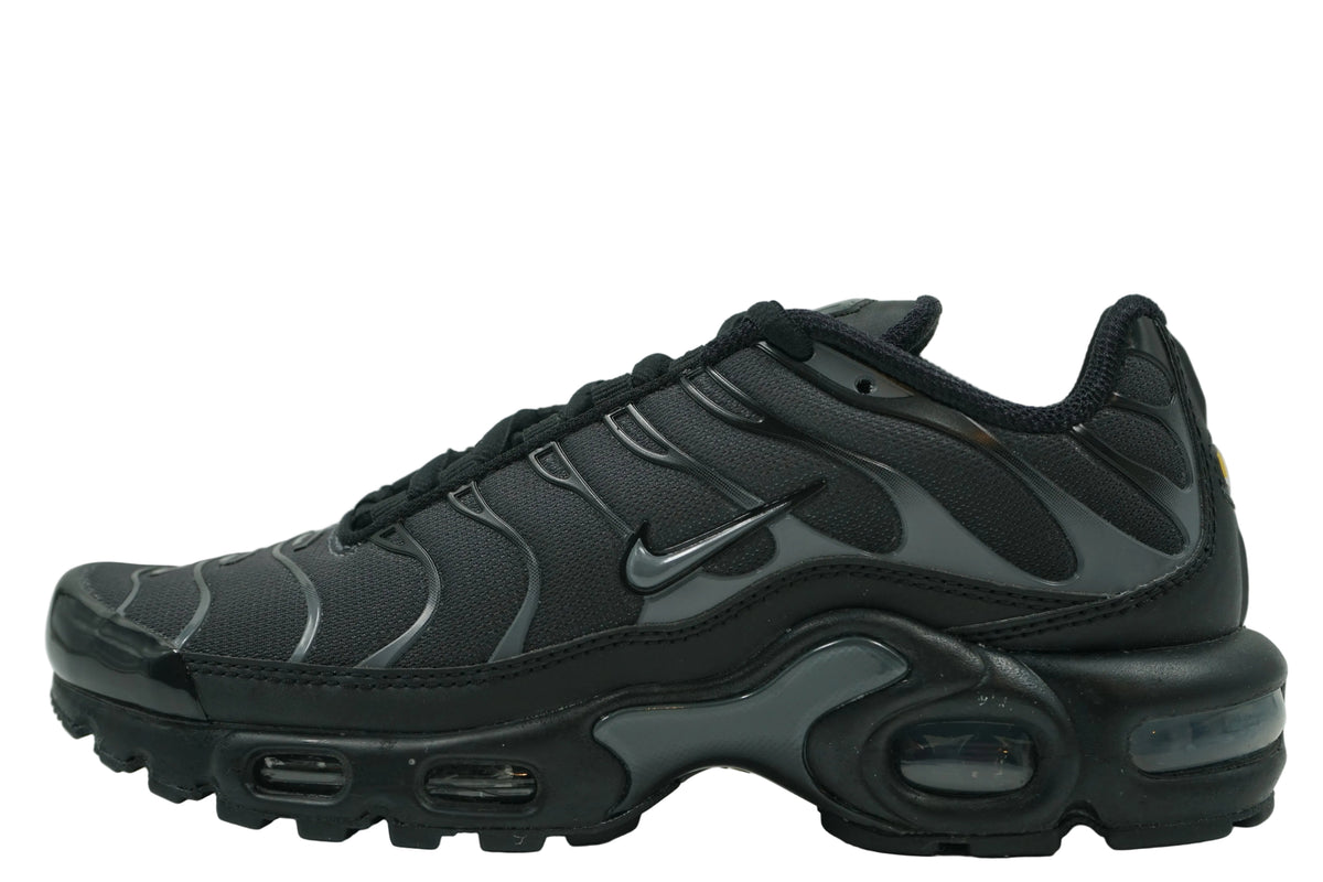 Brand new Nike Air Max Plus TN in black mesh with dark grey cage overlays and Tuned Air sole, side view