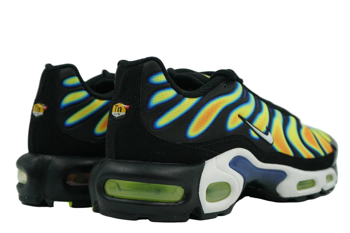 Brand new Nike Air Max Plus TN Heat Map, back view with neon yellow visible Air heel unit