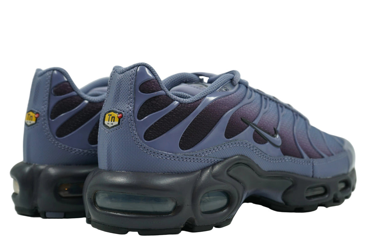 Brand new Nike Air Max Plus TN World Indigo with TN logo on heel and visible Tuned Air unit, back view