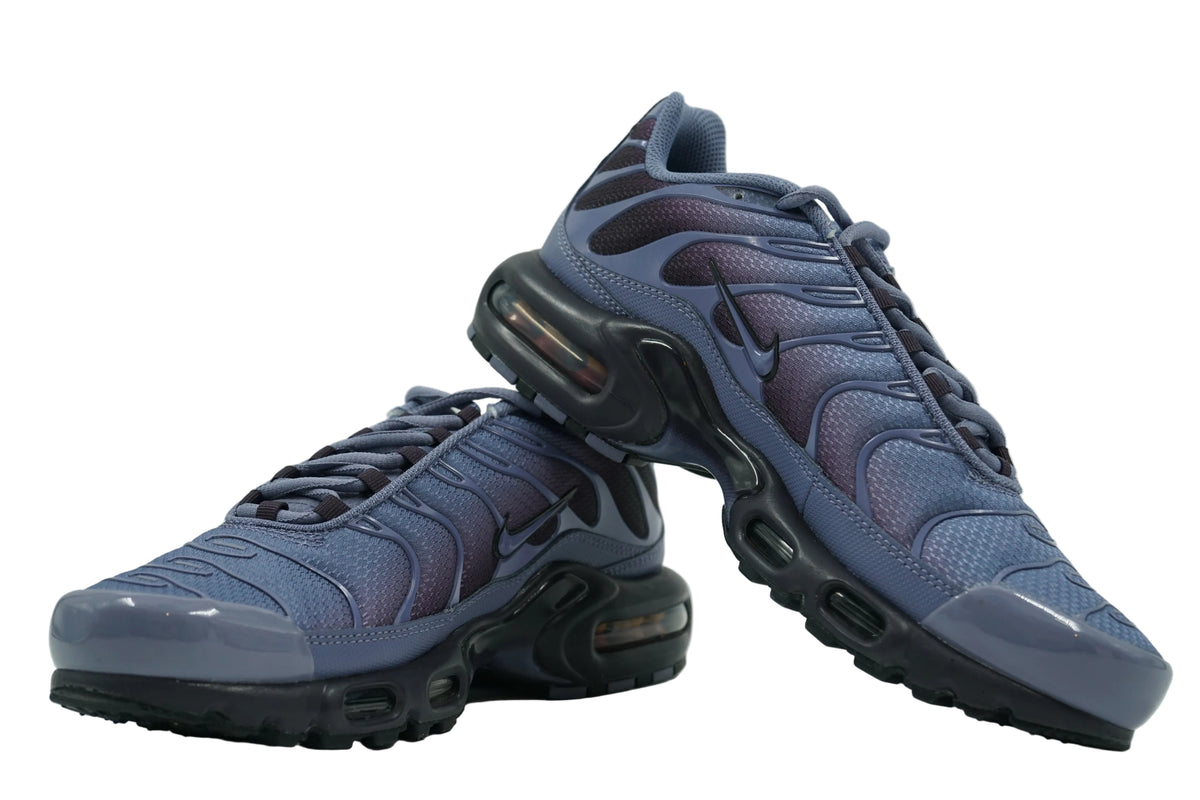 Pair of brand new Nike Air Max Plus TN World Indigo in blue and purple gradient with dark grey midsole