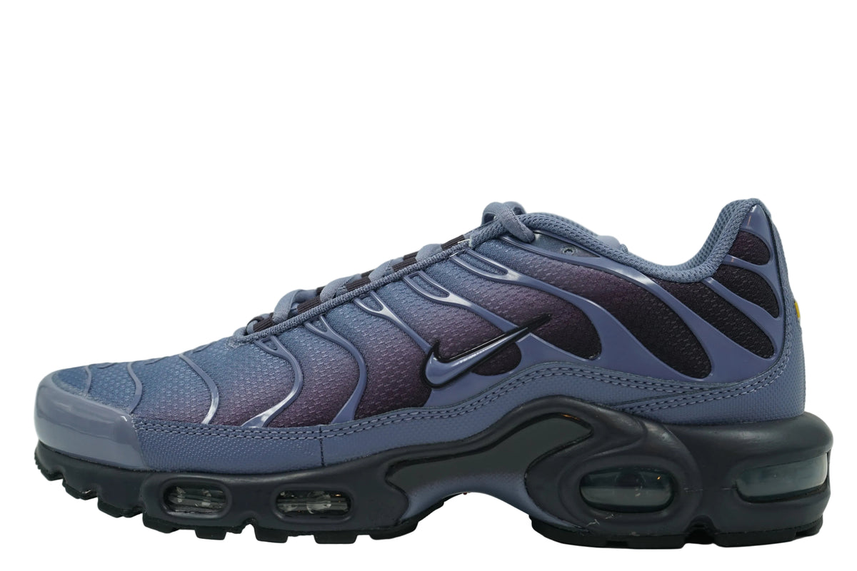 Brand new Nike Air Max Plus TN World Indigo with blue to purple gradient mesh and indigo cage overlays, side view
