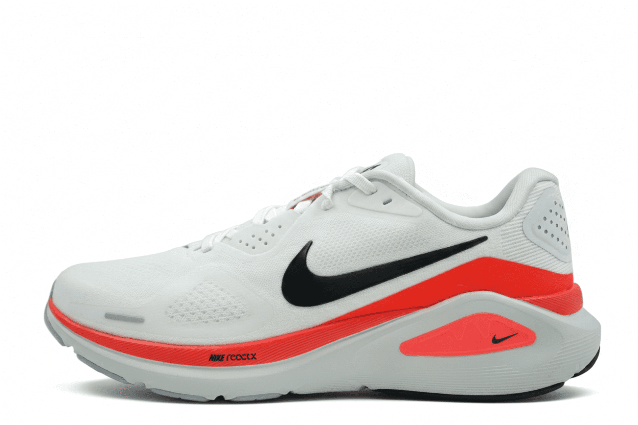 Nike Air Zoom Structure 26 stability running shoes in White, Black, and Bright Crimson (HJ1102-102). Available at our Malmö store or online.
