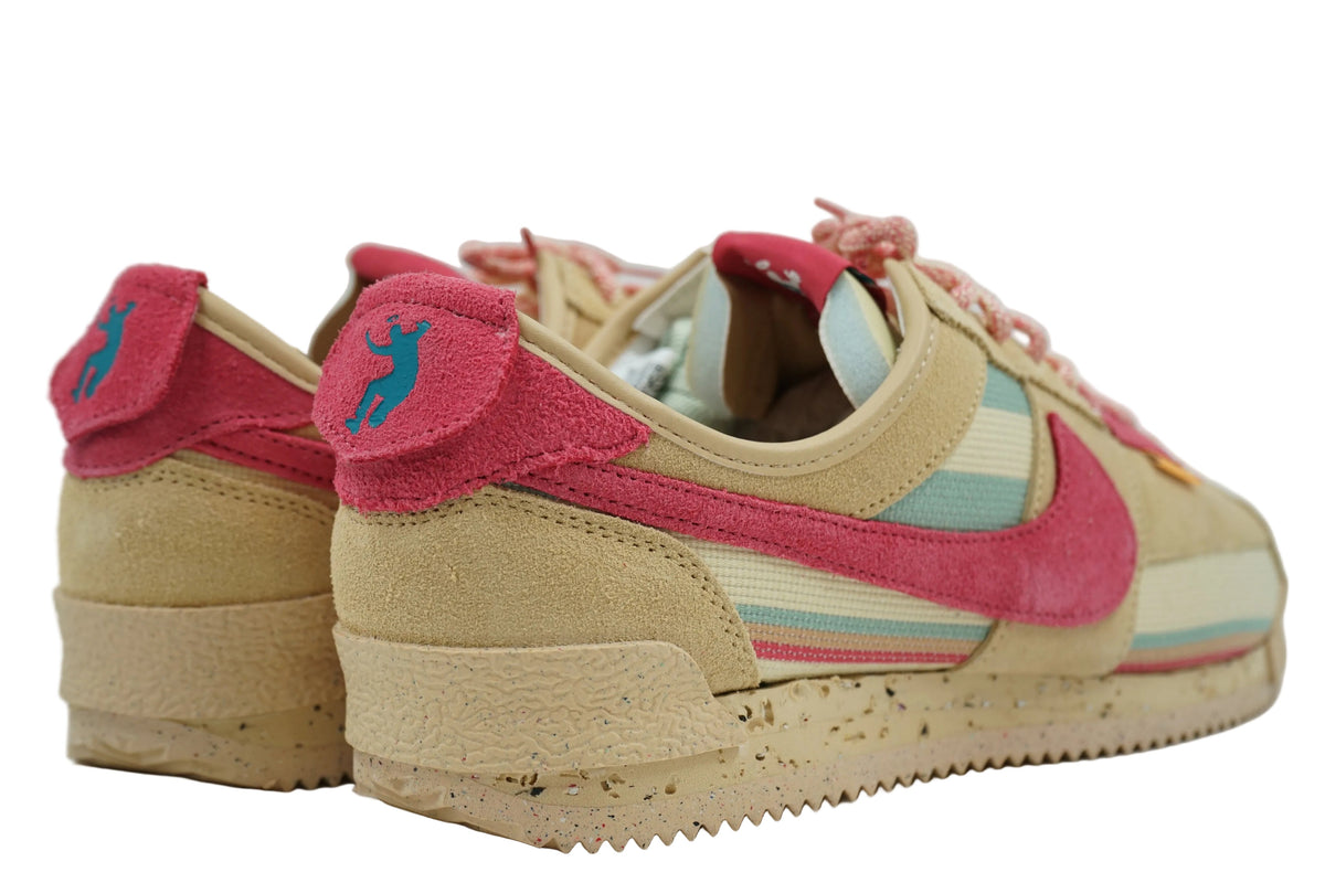 Brand new Nike Cortez SP Union Sesame DR1413-200, back view with pink suede heel overlay and UNION branding
