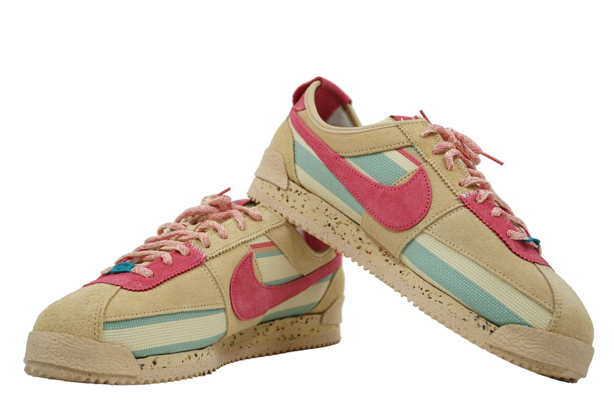 Pair of brand new Nike Cortez SP Union Sesame in tan suede with pink Swoosh and teal canvas