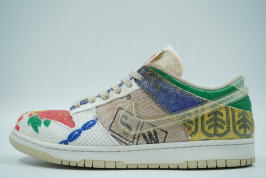 Pre-owned Nike Dunk Low City Market with patchwork market bag textiles and translucent Swoosh, side view