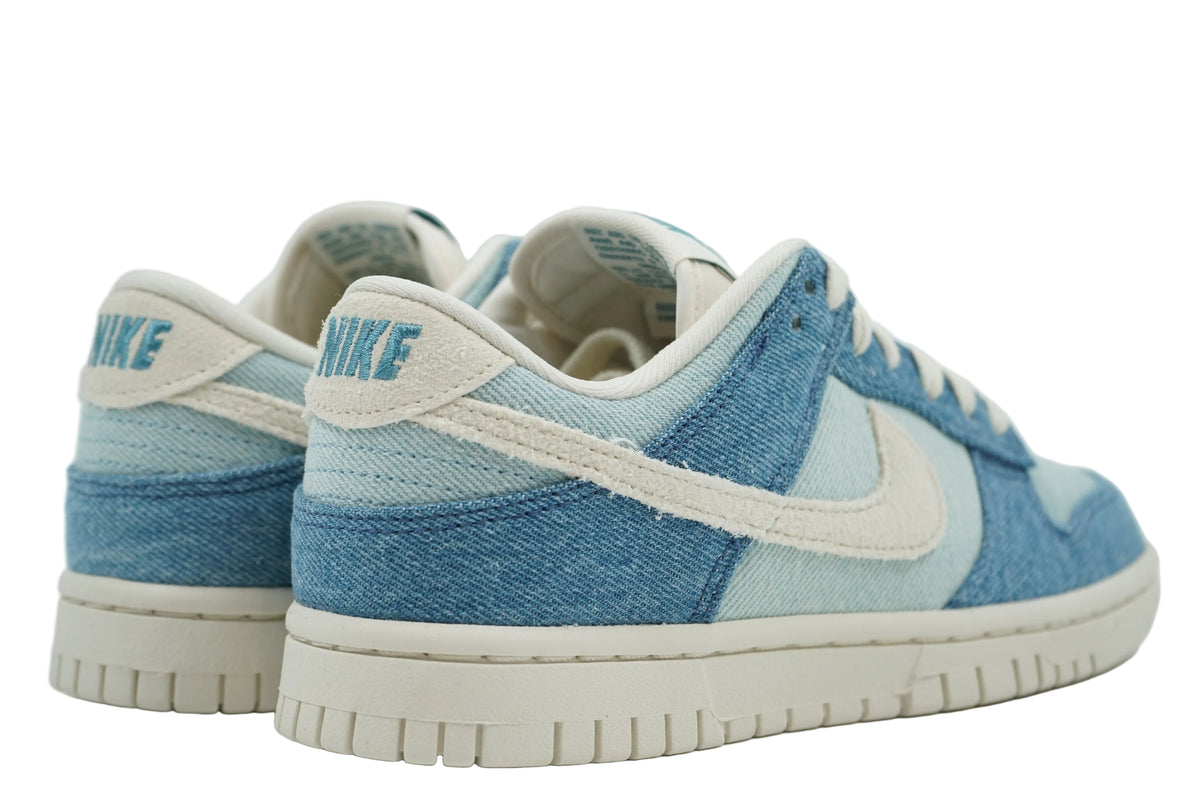 Brand new Nike Dunk Low Smokey Blue Denim with suede heel tab and embroidered Nike logo, back view
