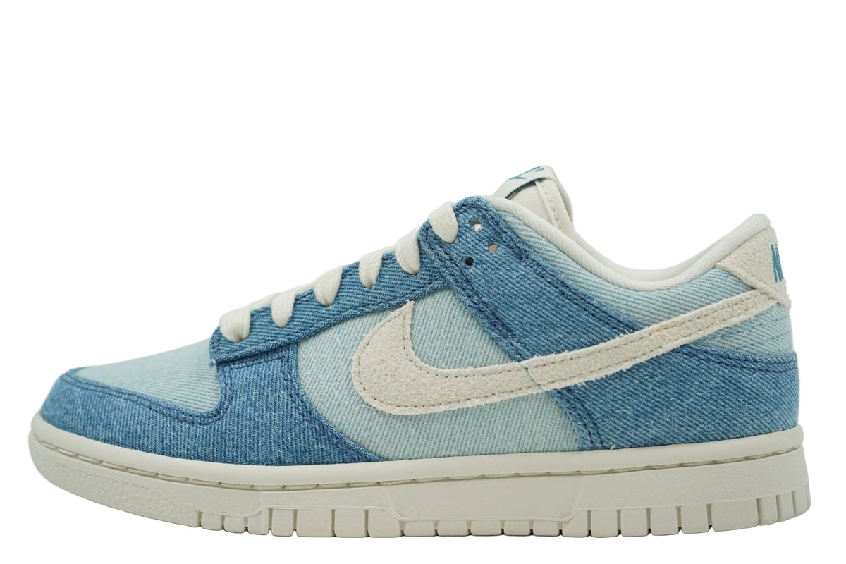 Brand new Nike Dunk Low Smokey Blue Denim in two-tone denim with pale ivory suede Swoosh, side view