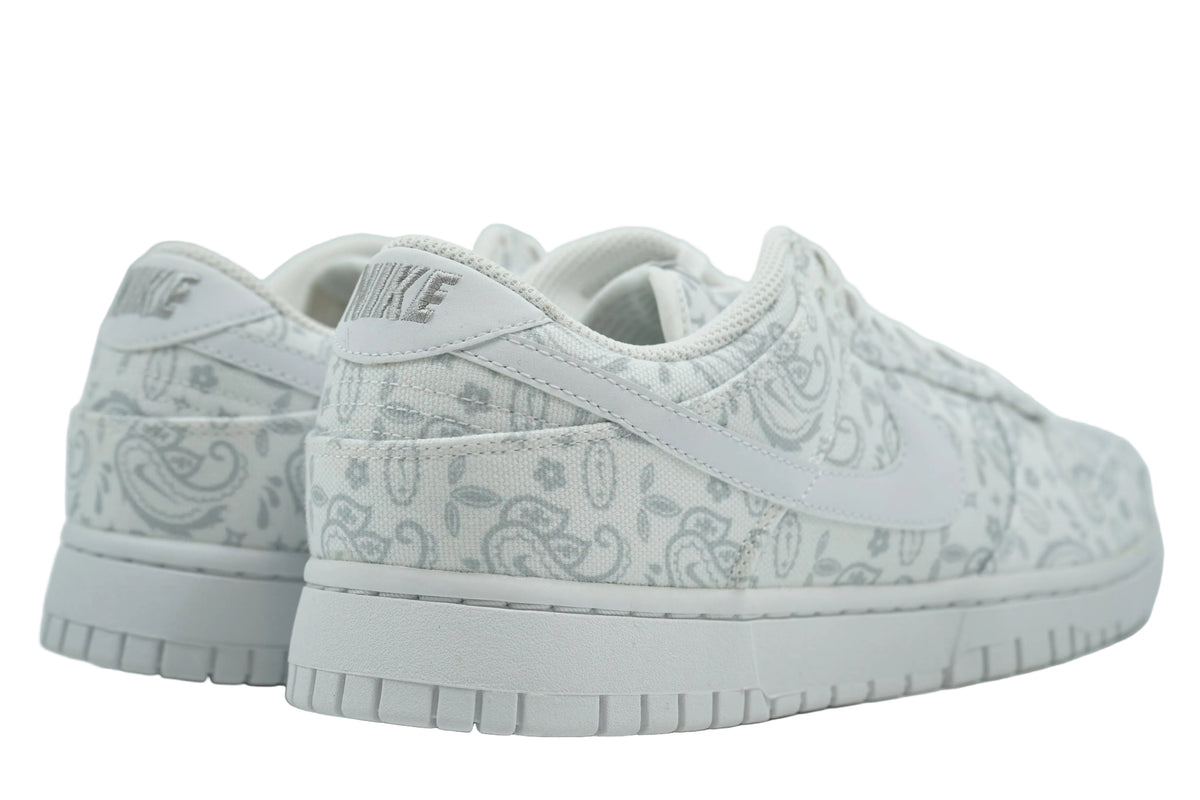 Women's Nike Dunk Low White Paisley with grey embroidered Nike heel tab and paisley canvas, rear view