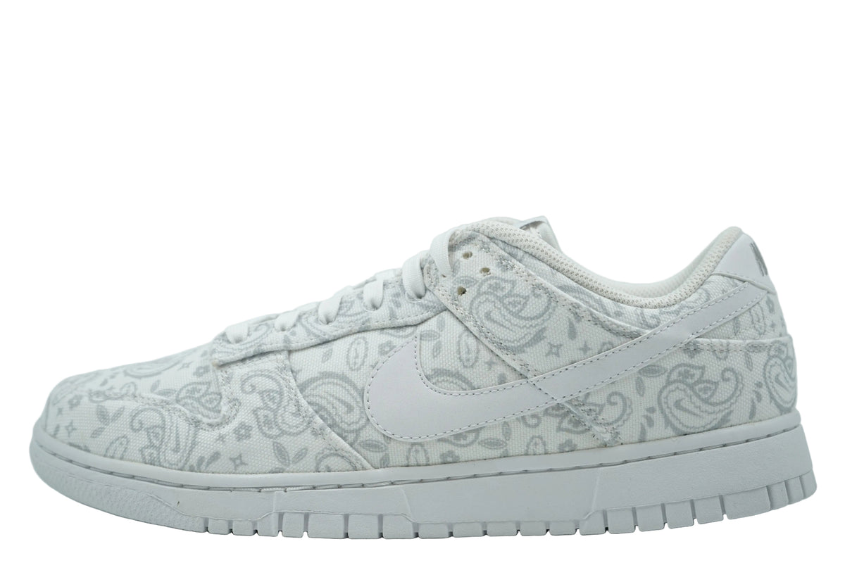 Women's Nike Dunk Low White Paisley in white canvas with grey paisley print and white Swoosh, side view