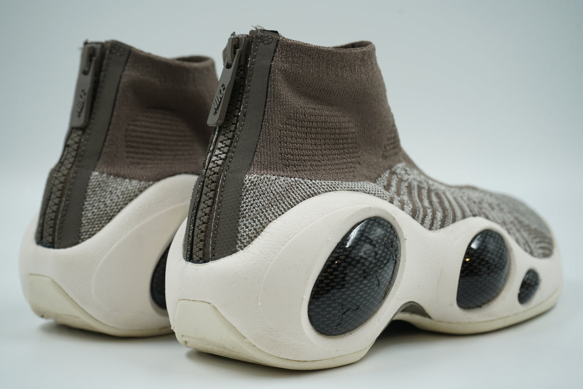 Pre-owned Nike Flight Bonafide Dark Mushroom with rear zip closure and carbon fibre Air pods, rear view