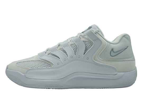 Nike KD 18 TB 'White' featuring a breathable mesh upper, supportive cage system, and full-length Zoom Air cushioning. Clean team basketball shoe available at our Malmö store or order online now.