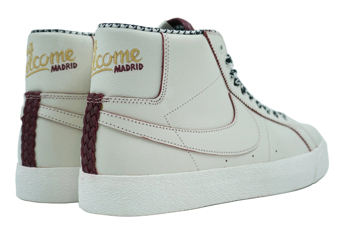 Nike SB Blazer Mid Casa Welcome Madrid with gold Welcome Madrid heel embroidery and braided burgundy heel trim, rear view