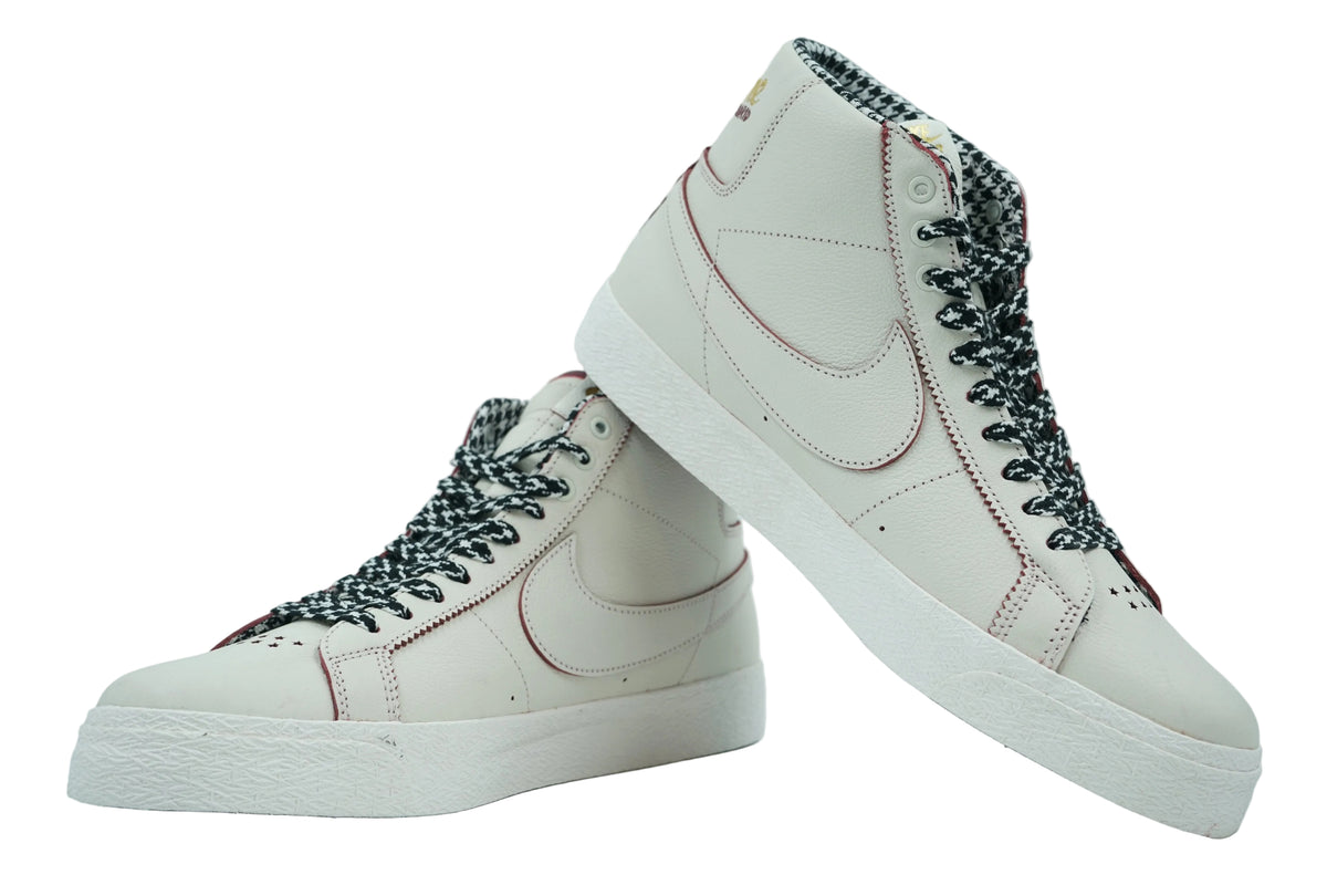 Pair of Nike SB Blazer Mid Casa Welcome Madrid in sail leather with houndstooth laces and lining, side view