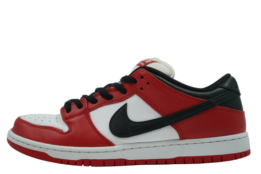 Nike SB Dunk Low J-Pack 'Chicago' featuring iconic varsity red, white, and black leather color blocking. Legendary skate shoe available at our Malmö store.
