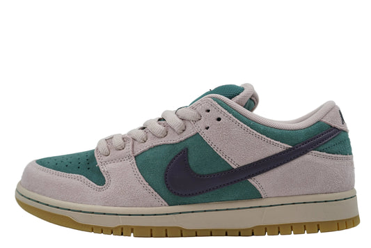 Brand new Nike SB Dunk Low in Mineral Slate and Particle Rose suede with purple Swoosh, side view