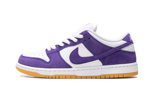 Nike SB Dunk Low Orange Label featuring a premium white leather upper, Court Purple swoosh, and classic gum outsole. Skate shop exclusive sneaker available at our Malmö store.