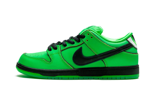 Nike SB Dunk Low x The Powerpuff Girls 'Buttercup' (FZ8319-300) featuring a reflective Mean Green upper and embroidered heel eyes. Verified authentic pair available at our Malmö store and online.