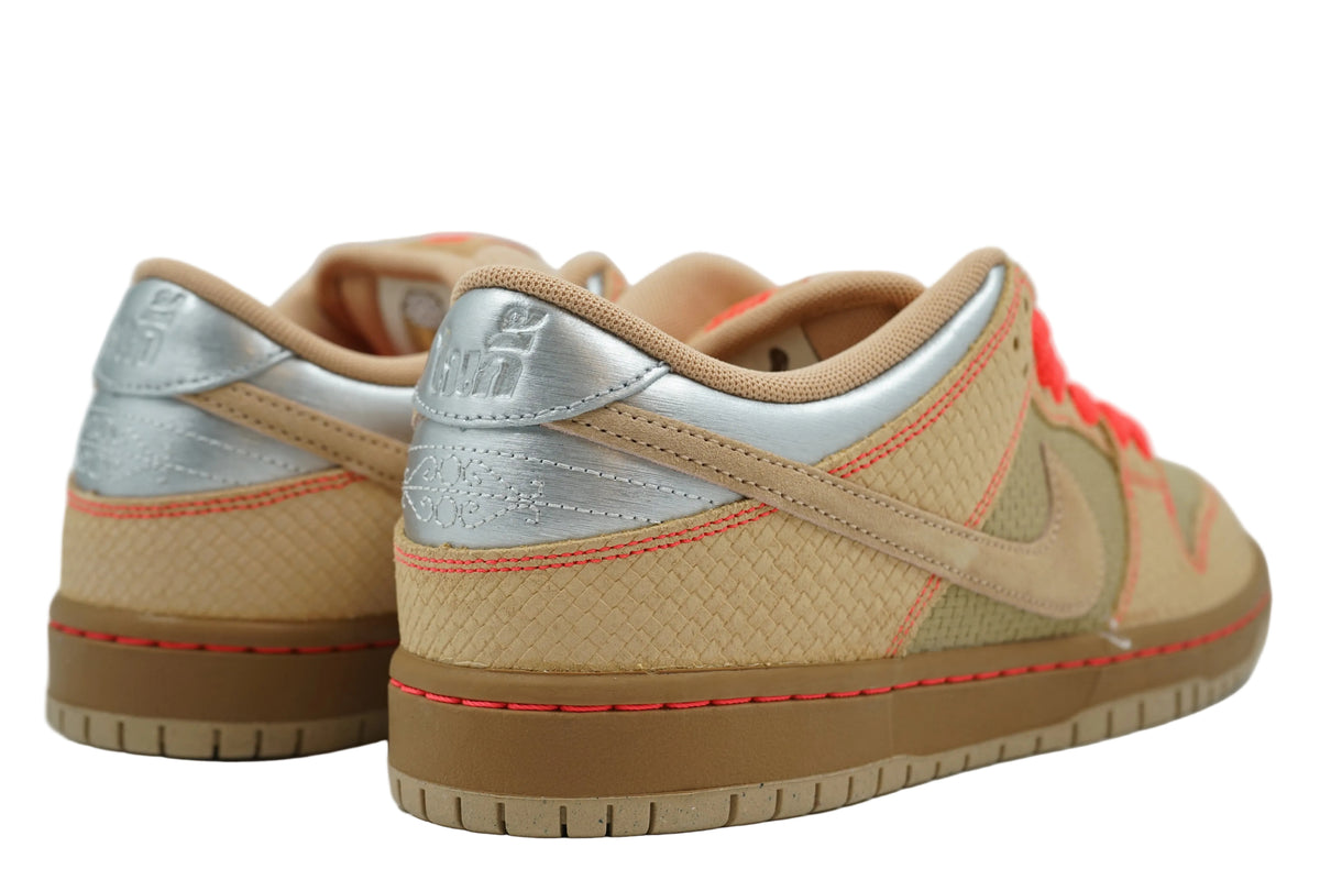 Brand new Nike SB Dunk Low Som Tum with metallic silver heel tab and embossed Thai script, rear view