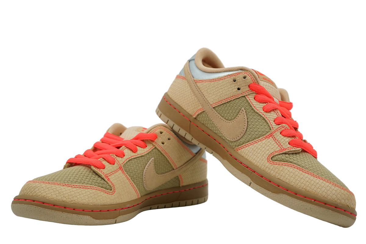 Brand new pair of Nike SB Dunk Low Som Tum with woven tan upper, crimson stitching and gum sole, side view