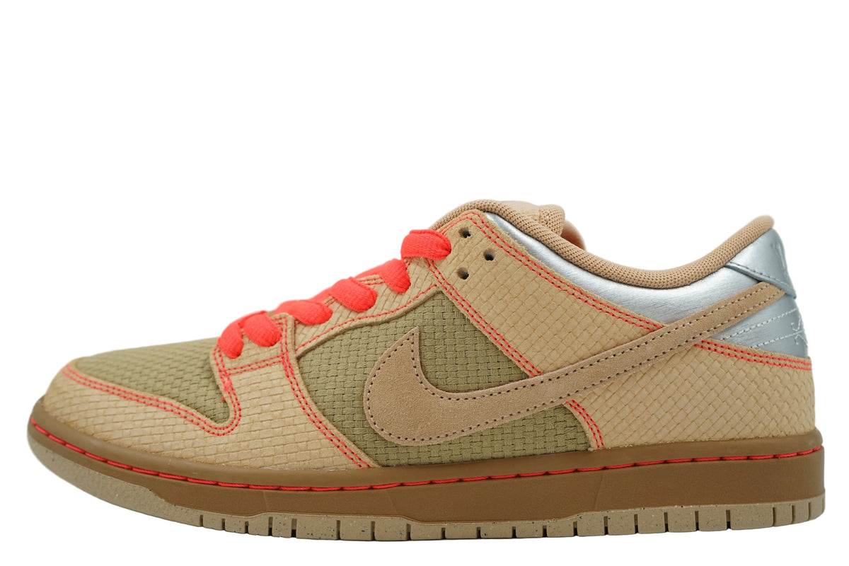 Brand new Nike SB Dunk Low Som Tum with woven tan upper, crimson laces and stitching and gum sole, side view