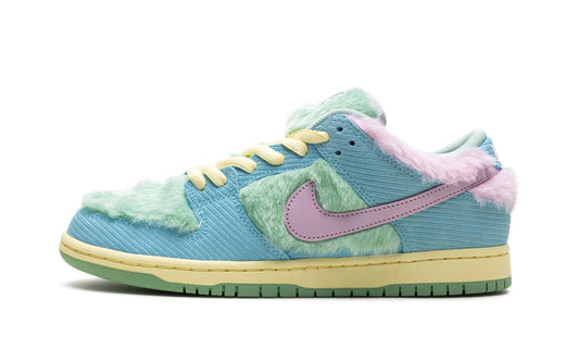 Nike SB Dunk Low x Verdy 'Visty' featuring pastel blue and pink faux fur with green corduroy overlays. Limited edition skate shoe available at our Malmö store.
