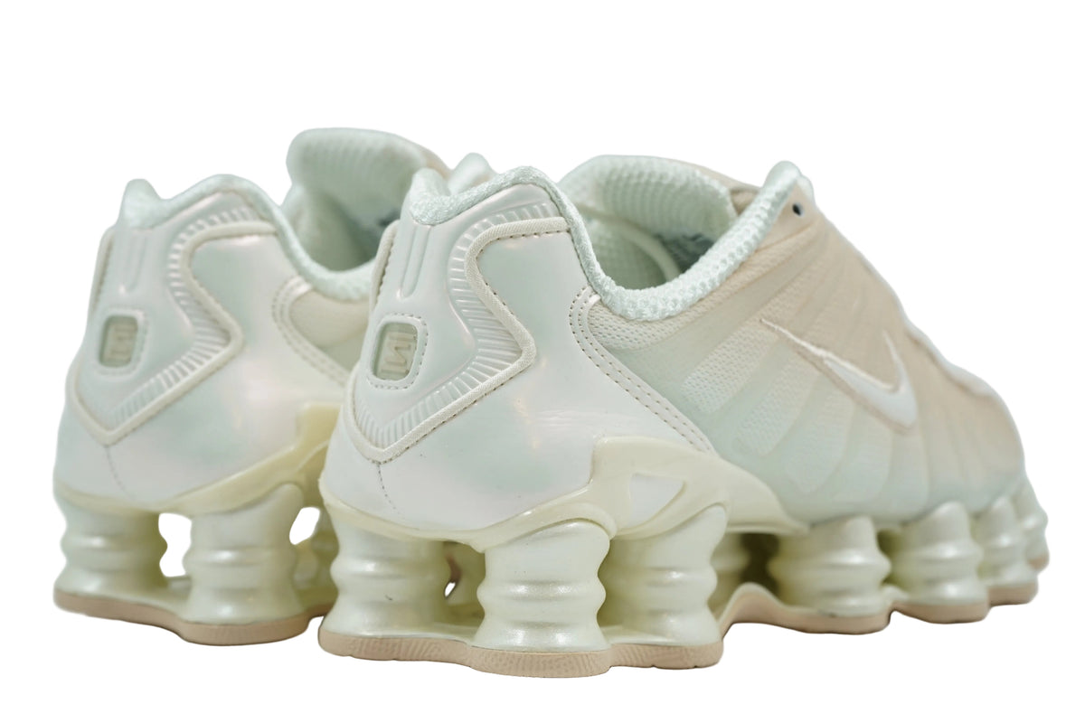 Brand new Nike Shox TL Pearl White with pearlescent heel counter and Shox columns, back view