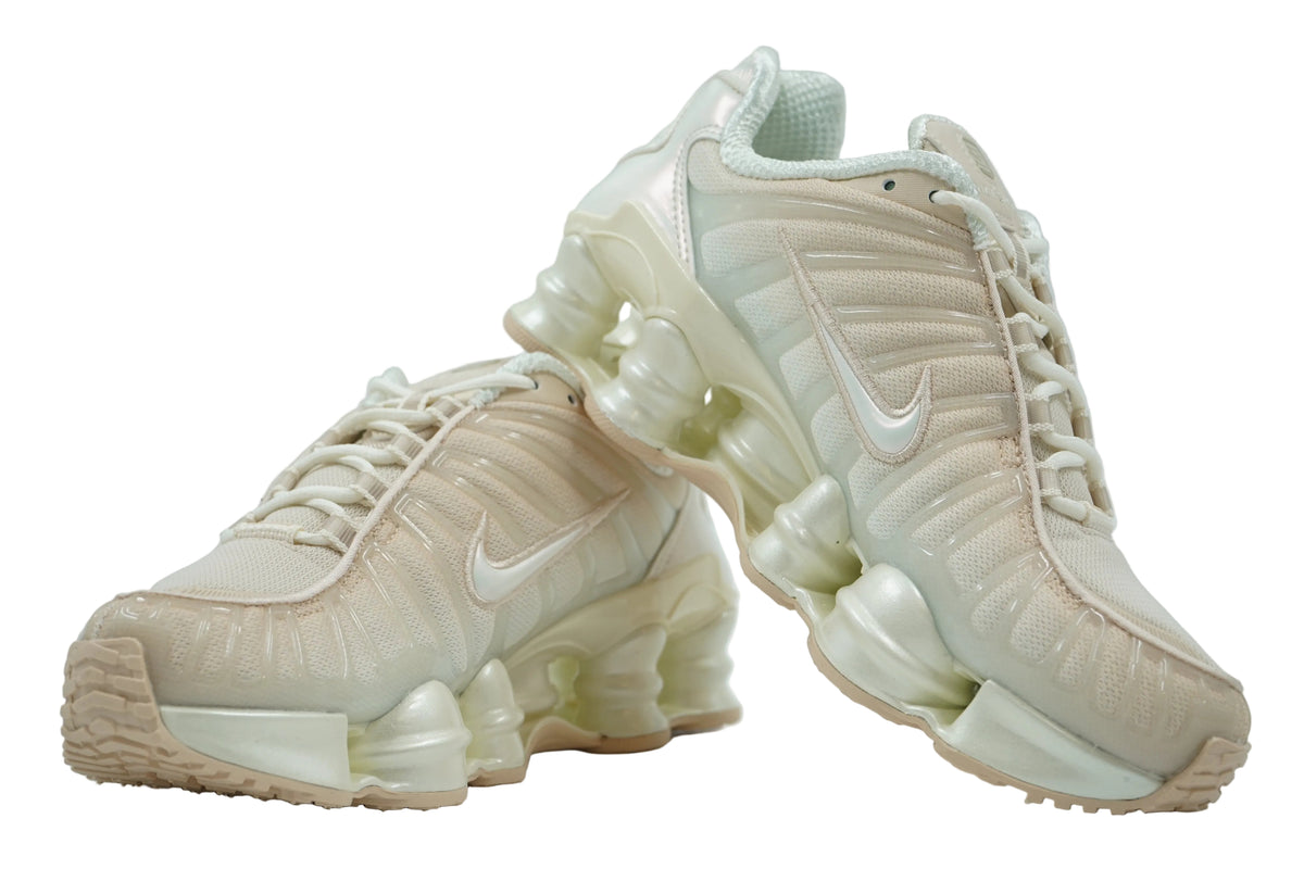 Pair of brand new Nike Shox TL Pearl White in beige and cream with pearl-white Swoosh and Shox sole