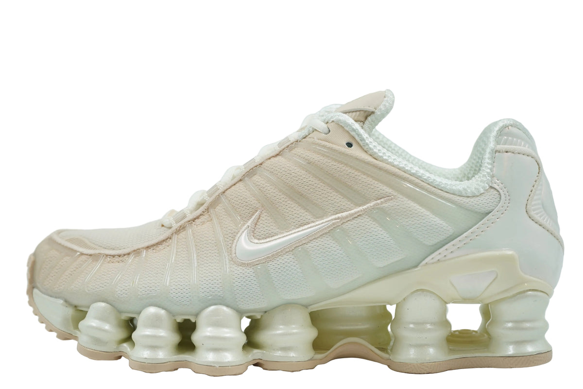 Brand new Nike Shox TL Pearl White in beige and cream mesh with pearlescent Shox columns, side view
