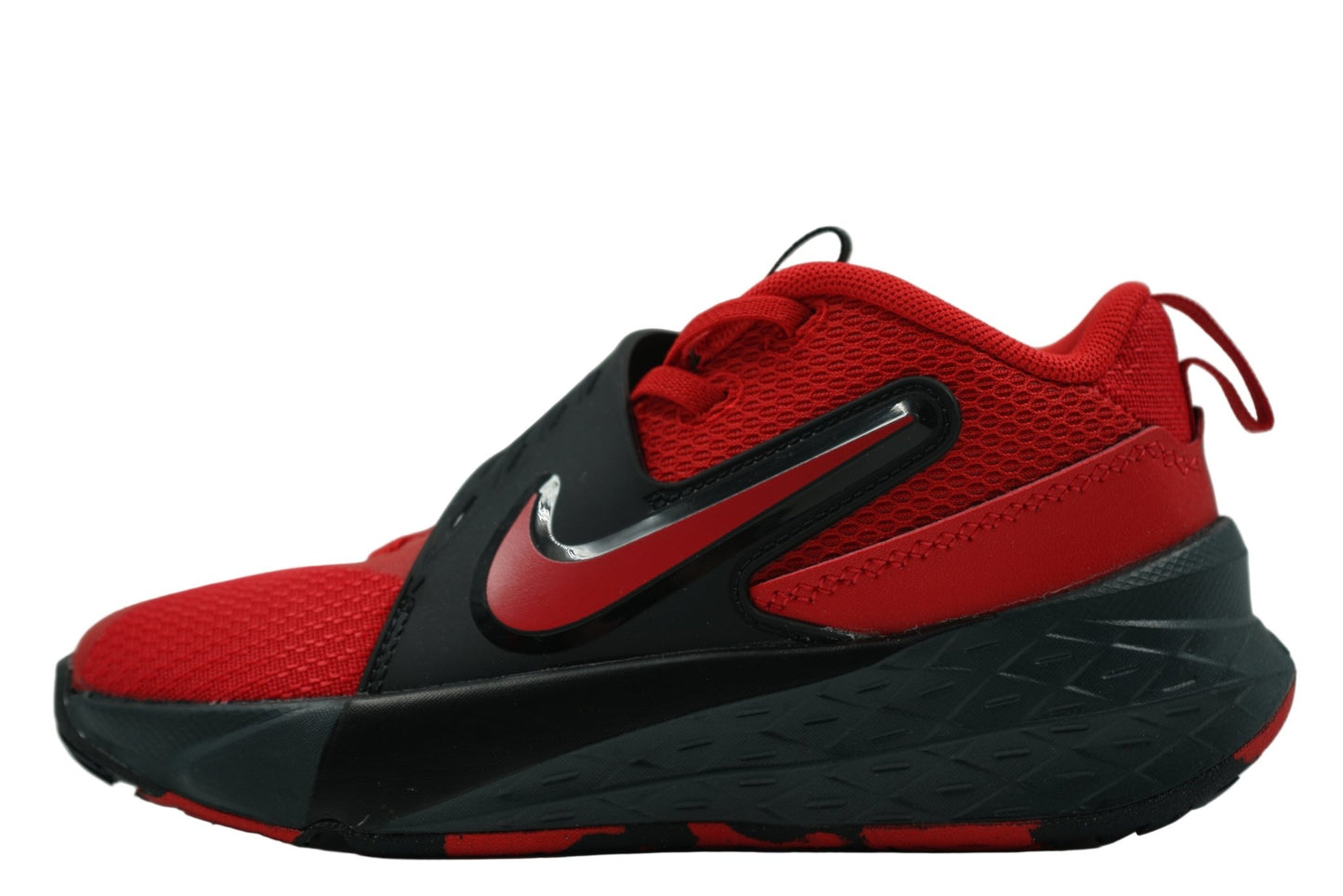 Nike Team Hustle D 12 in University Red featuring a breathable mesh upper and reinforced overlays for durability. Kids' basketball shoe available at our Malmö store.