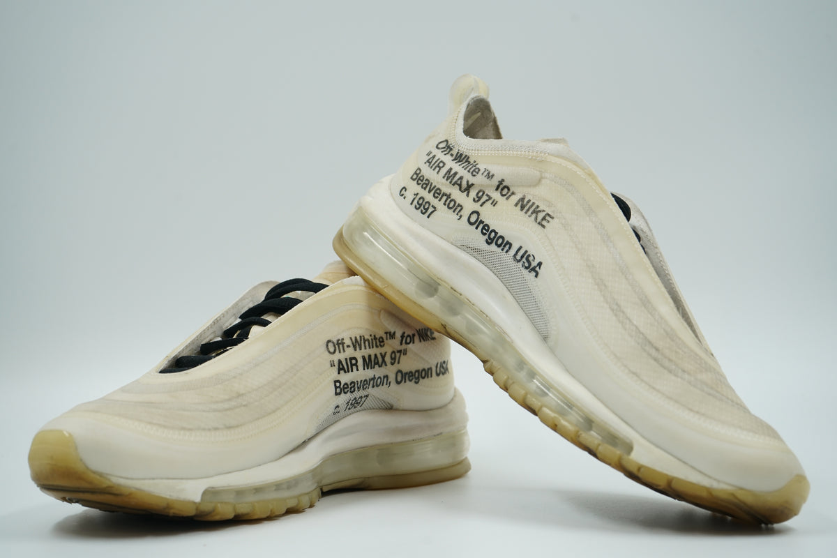Pair of pre-owned Off-White x Nike Air Max 97 The Ten showing Off-White for Nike Air Max 97 medial text