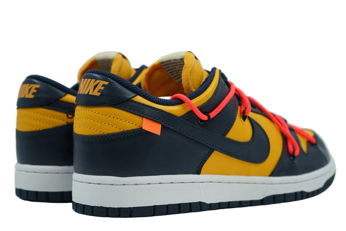 Brand new Off-White x Nike Dunk Low University Gold and Midnight Navy, back view of the heel