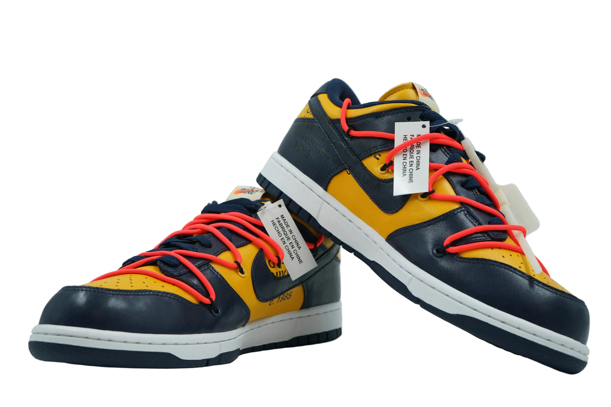Pair of brand new Off-White x Nike Dunk Low University Gold and Midnight Navy sneakers