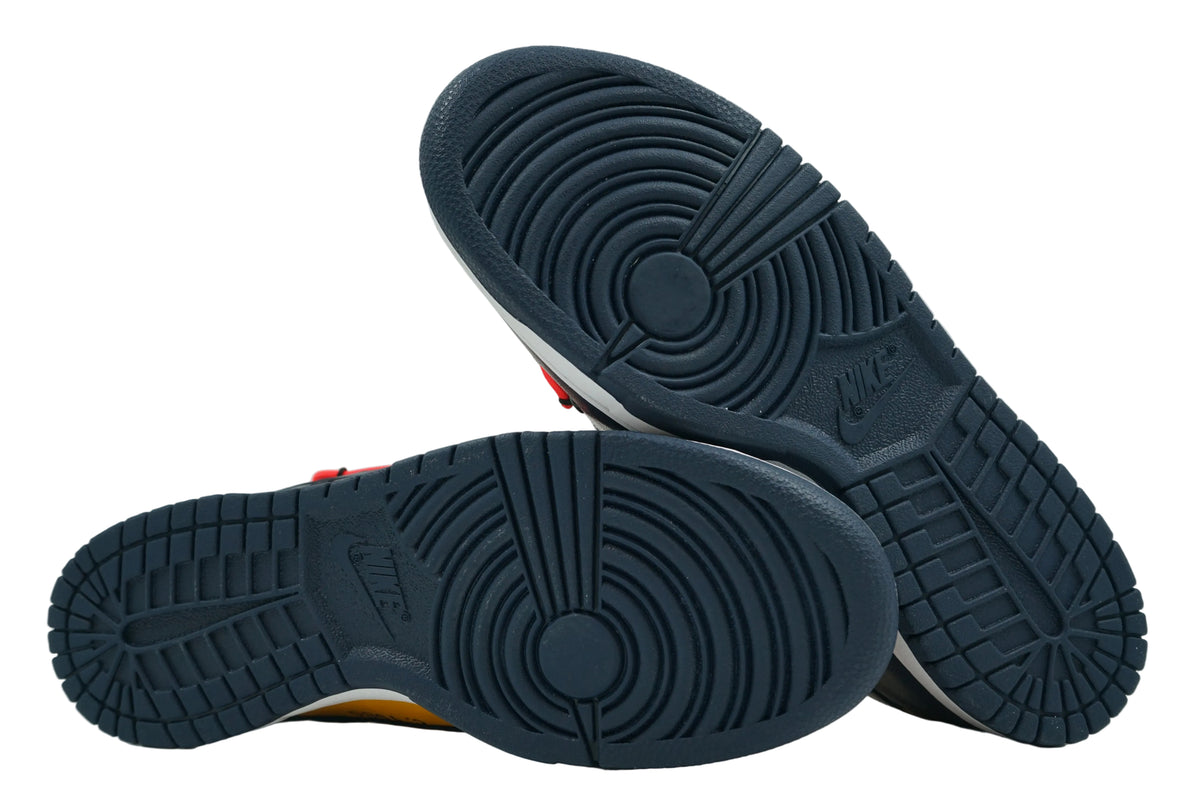 Brand new Off-White x Nike Dunk Low University Gold, outsole view with navy rubber tread