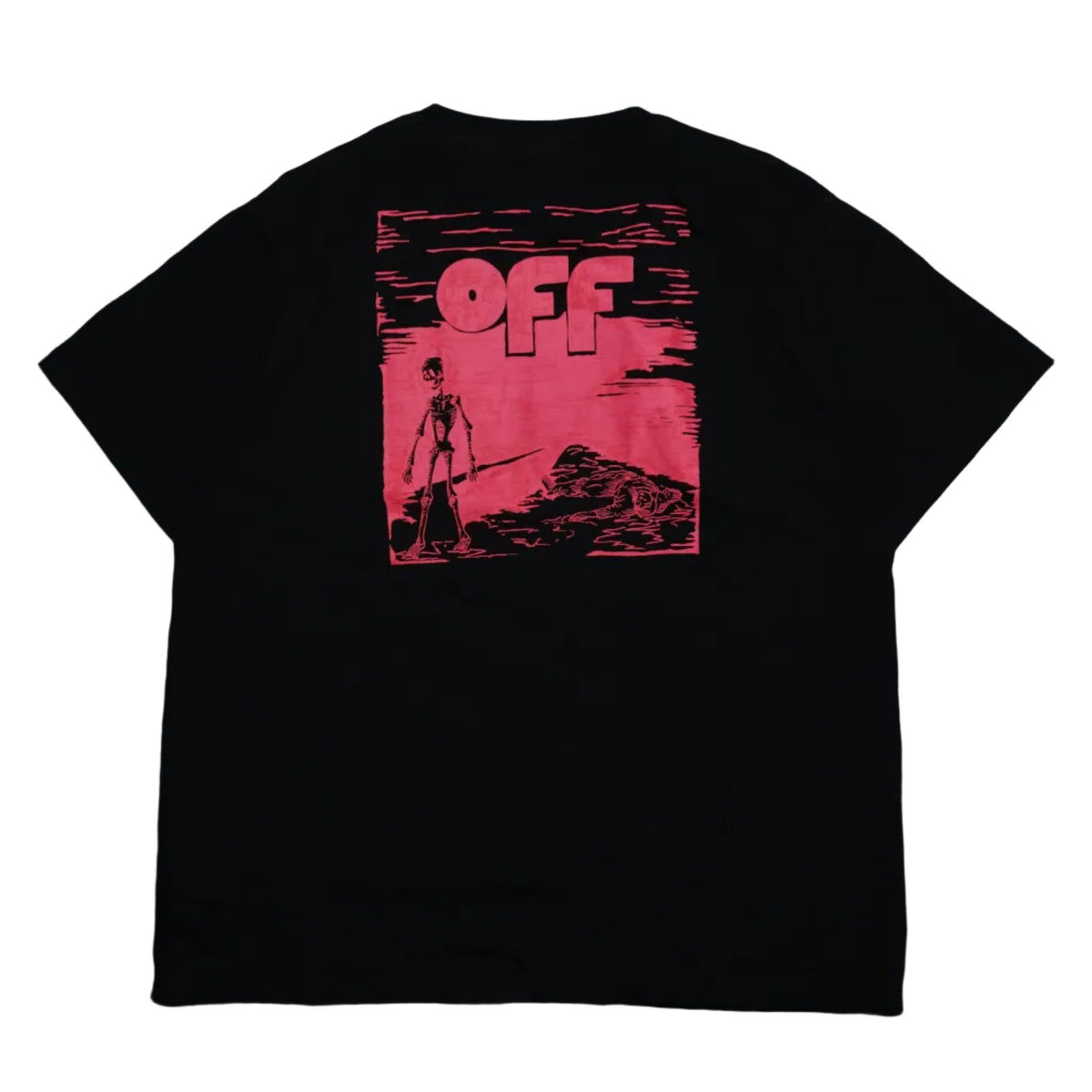 Pre-owned Off-White black T-shirt with large pink woodcut-style OFF skeleton print on the back, back view