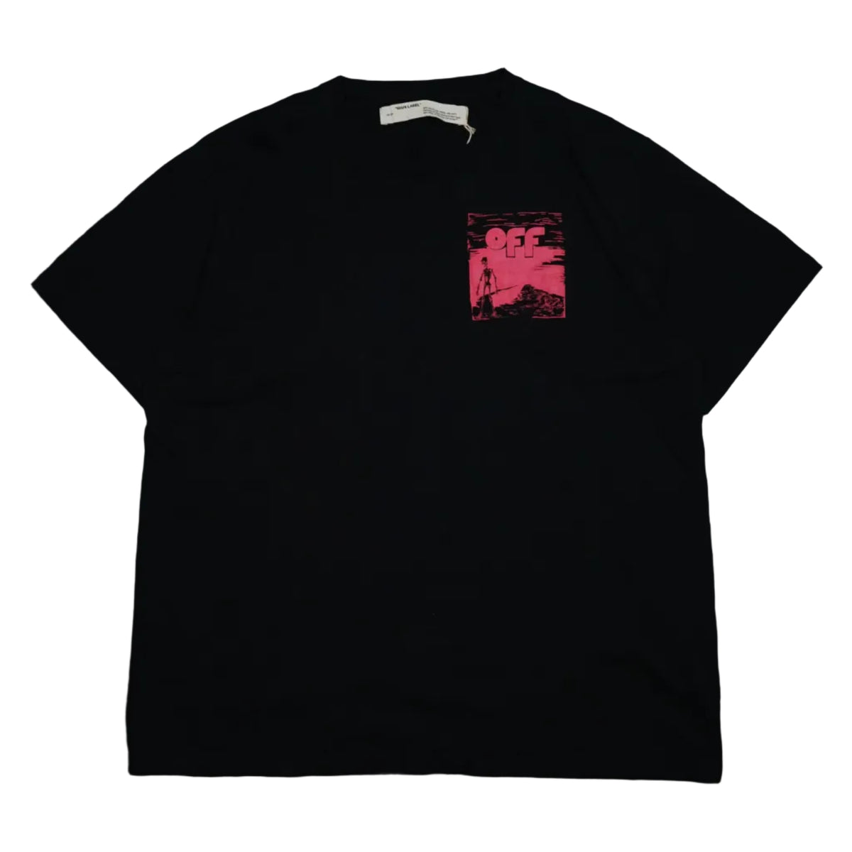 Pre-owned Off-White black T-shirt with pink woodcut-style OFF skeleton print on the chest, front view