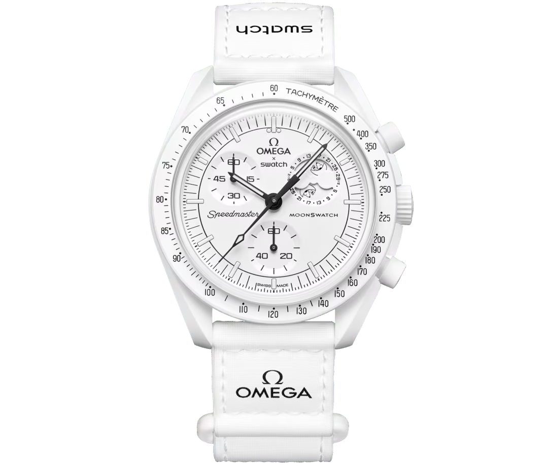 Brand new Omega x Swatch MoonSwatch Mission to the Moonphase Snoopy, white dial with moonphase, front view