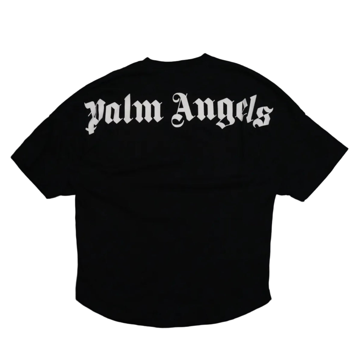 Pre-owned Palm Angels black oversized T-shirt with large white gothic logo across the upper back, back view