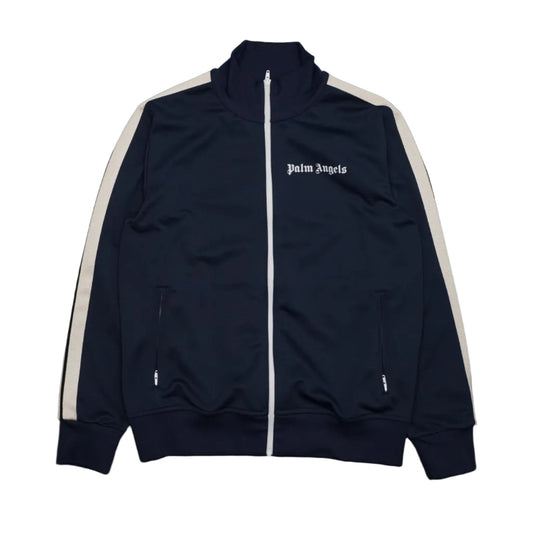 Pre-owned Palm Angels navy track jacket with off-white sleeve stripes and white logo on chest, front view