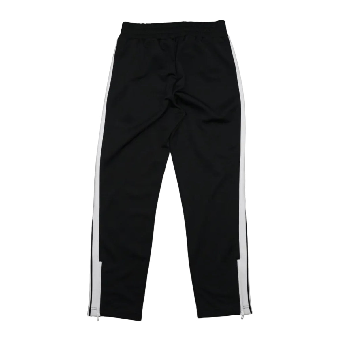 Pre-owned Palm Angels classic track pants in black with white side stripes, back view with zip hems