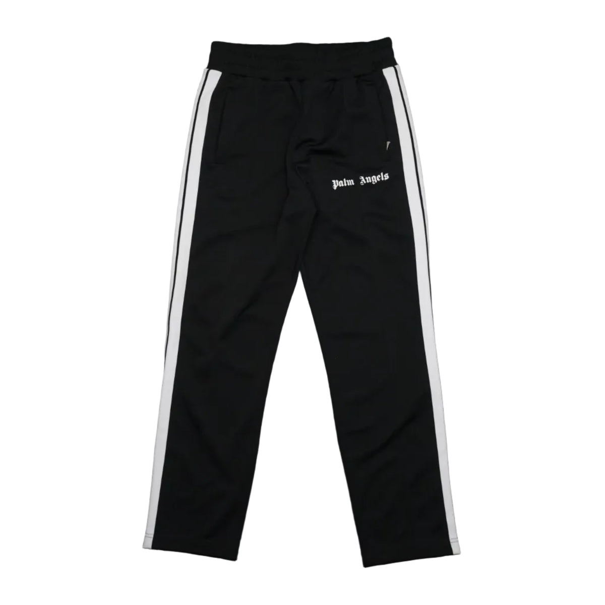 Pre-owned Palm Angels classic track pants in black with white side stripes and gothic logo, front view