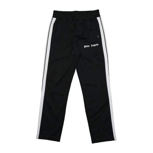 Pre-owned Palm Angels classic track pants in black with white side stripes and gothic logo, front view